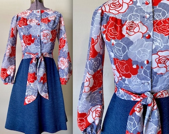 Vintage 1960s MOD Roses Dress - Red White & Blue - Bishop Long Sleeve - Small - Polyester