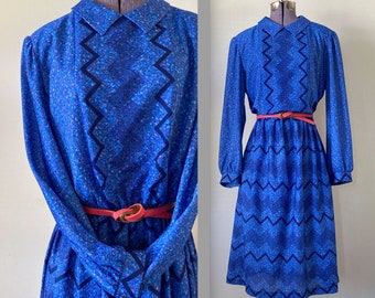 Vintage 1980s Chevron Printed Geometric Secretary Dress - Blouson Shirtwaist Dress - Large / XL