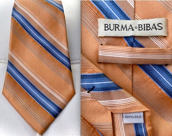 Vintage BURMA BIBAS Silk Striped Tie - Peach Orange Blue Tan Khaki