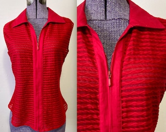 Vintage Semi Sheer Red Zip Front Collared Blouse Vest- Selene Sport - Medium