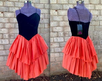 Vintage 1980s Tiered & Velvet Party Dress - Cocktail -Black Coral Orange Colorblock - Holiday - New Years XS / Small