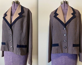 Vintage 80s Navy & Tan Blazer - Jacket - Small / Medium