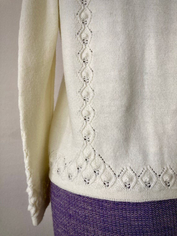 Vintage 1970s Pointelle White Knit Cardigan Sweat… - image 5