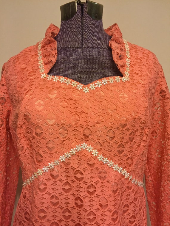 Vintage 1960s 70s Coral Peach Crochet Lace Maxi D… - image 5