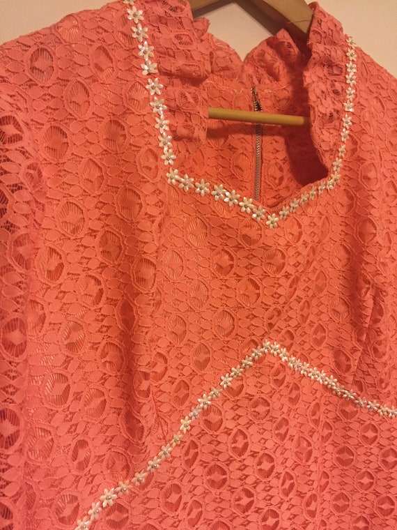 Vintage 1960s 70s Coral Peach Crochet Lace Maxi D… - image 8