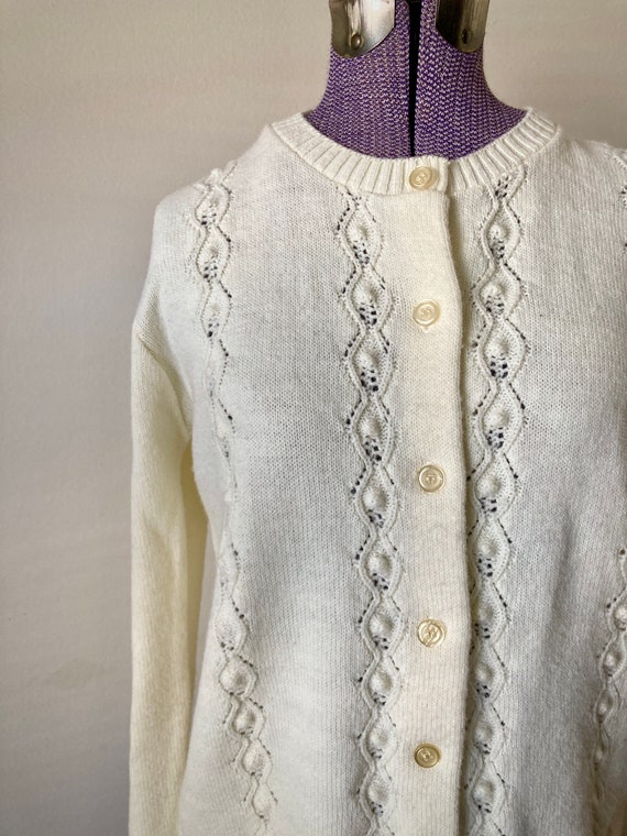 Vintage 1970s Pointelle White Knit Cardigan Sweat… - image 2