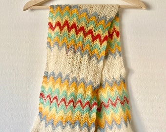 Vintage 1970s Rainbow Chevron Open Knit Scarf