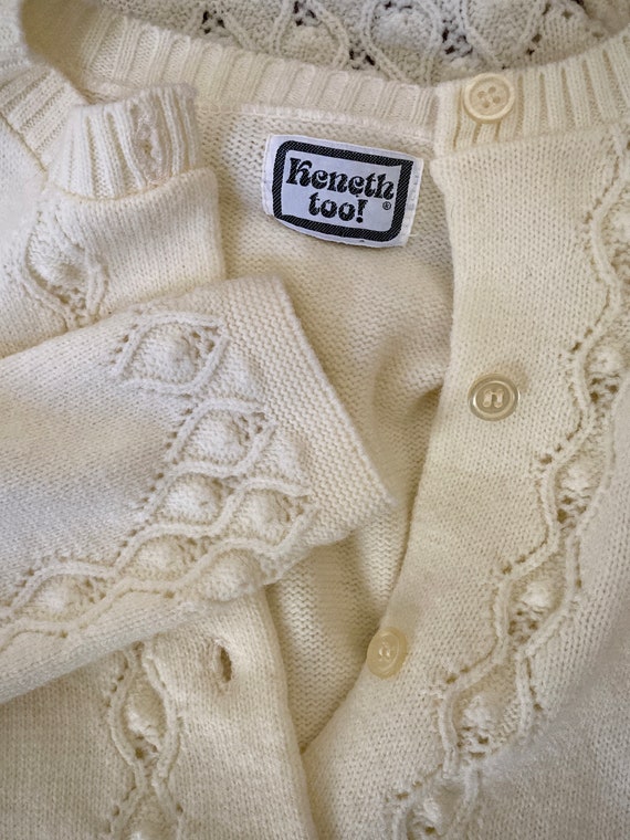 Vintage 1970s Pointelle White Knit Cardigan Sweat… - image 9