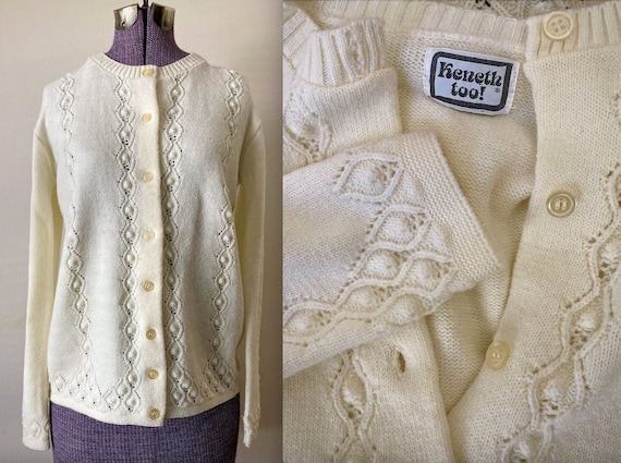 Vintage 1970s Pointelle White Knit Cardigan Sweat… - image 1