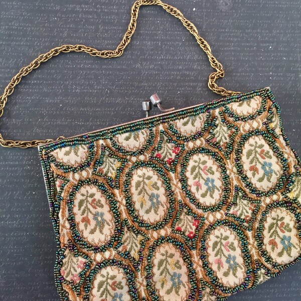 Vintage 1940s antieke iriserende Beaded Tapestry Mini portemonnee
