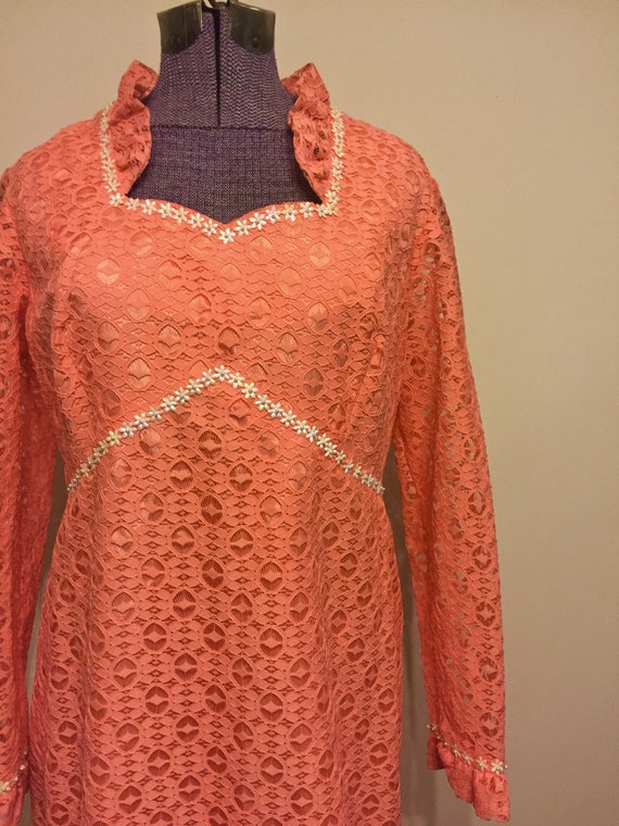 Vintage 1960s 70s Coral Peach Crochet Lace Maxi D… - image 2