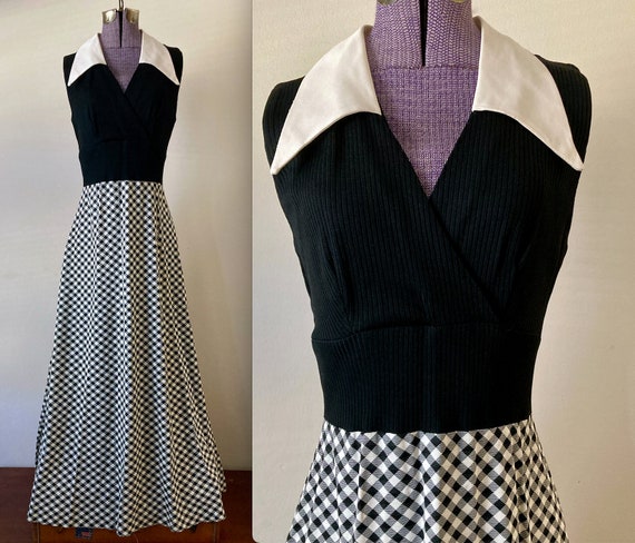 Vintage 1970s Gingham Wing Point Collar Maxi Dres… - image 1