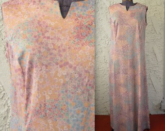 Vintage 1970s Rare Pastel Floral Maxi Sleeveless Dress - Large