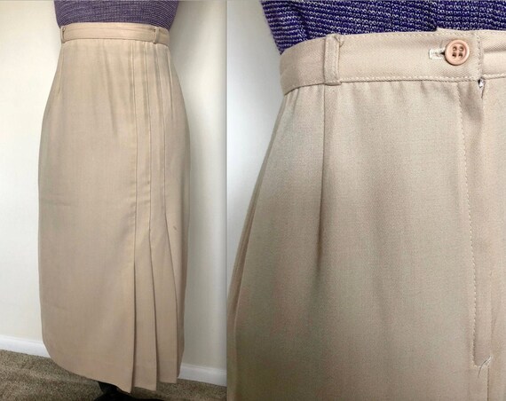 Vintage 1970s Beige Pencil Skirt A Line Pleated S… - image 1