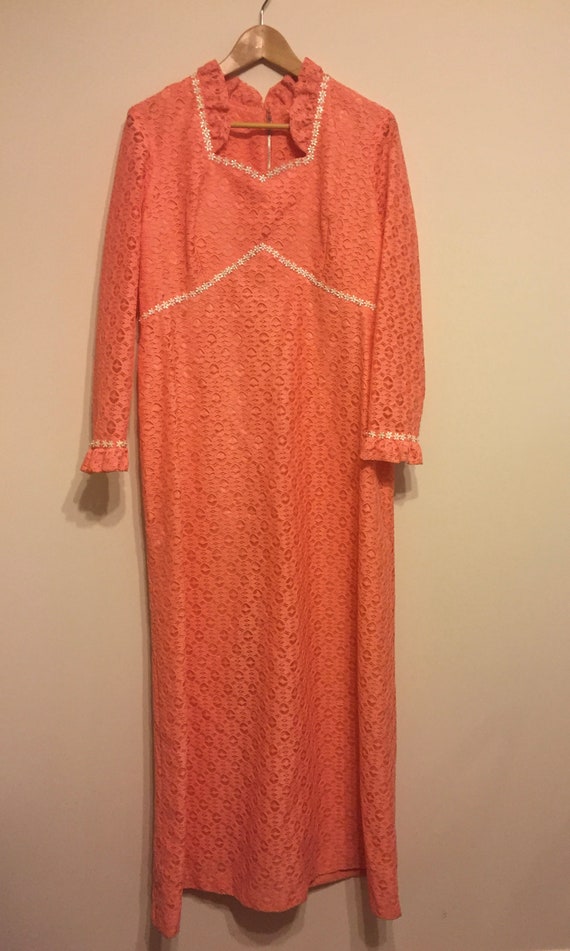 Vintage 1960s 70s Coral Peach Crochet Lace Maxi D… - image 6