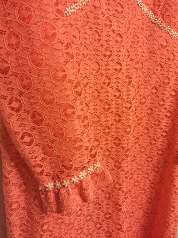 Vintage 1960s 70s Coral Peach Crochet Lace Maxi D… - image 9