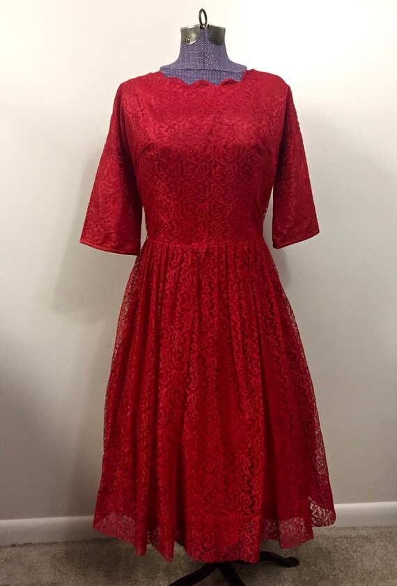 red lace valentines dress Elegant Plus Size Red Dress with Lace Trim and Ruffle Hem for Valentine's Day and Date Night