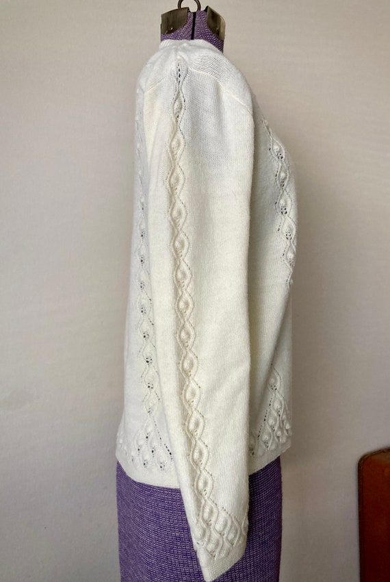 Vintage 1970s Pointelle White Knit Cardigan Sweat… - image 6