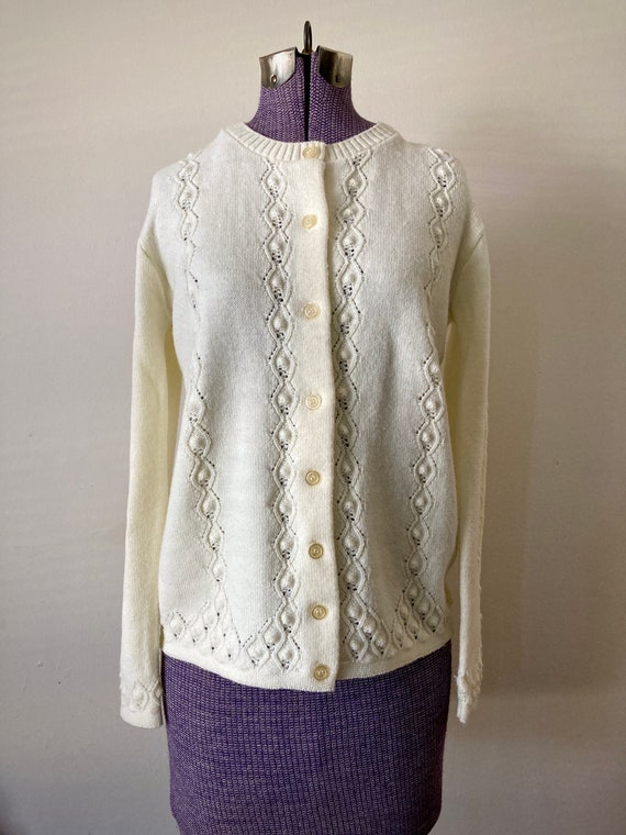 Vintage 1970s Pointelle White Knit Cardigan Sweat… - image 3