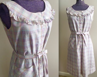 Vintage 1960s Pastel Windowpane Plaid Check Shirtwaist Shirt Dress - A Nancy Frock - Small