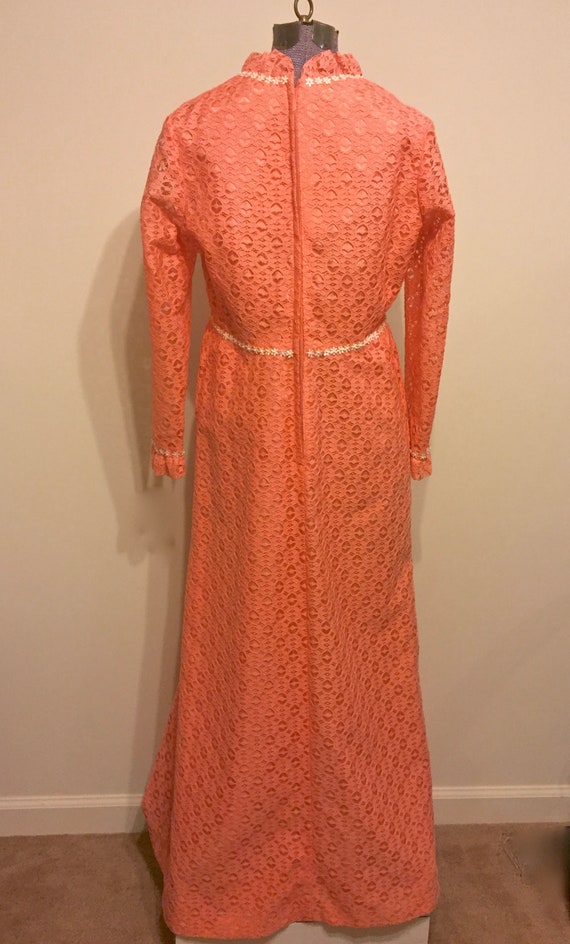 Vintage 1960s 70s Coral Peach Crochet Lace Maxi D… - image 4