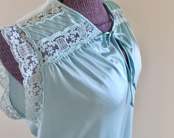 Vintage 1970s Light Blue Lace Shift Nighty - Nightgown Henson Kickernick - sz small