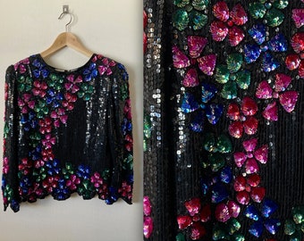 Vintage 80s Negpal Sequin Floral Vegas Casino Blouse