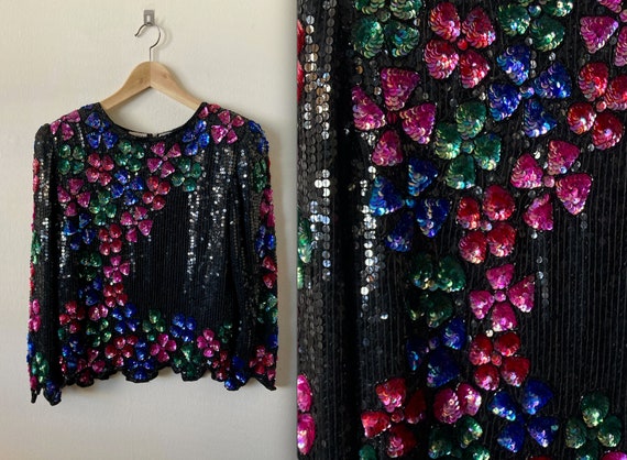 Vintage 80s Negpal Sequin Floral Vegas Casino Blo… - image 1