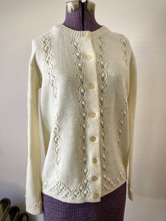 Vintage 1970s Pointelle White Knit Cardigan Sweat… - image 8