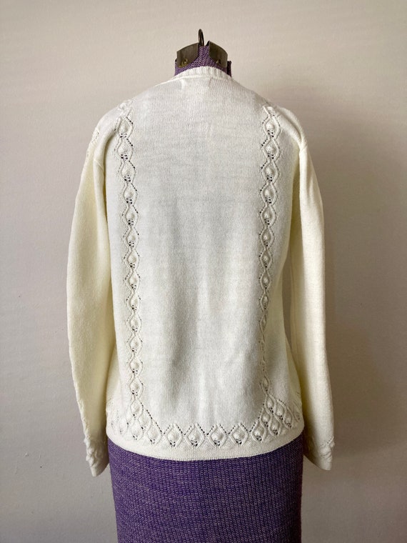 Vintage 1970s Pointelle White Knit Cardigan Sweat… - image 4