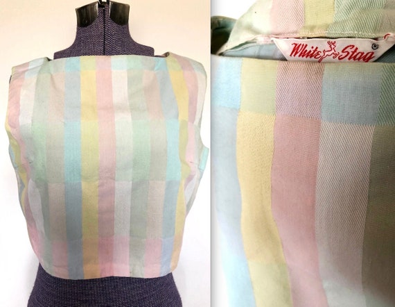 Vintage 1950s Pastel Stripe Crop Top Blouse- Mediu