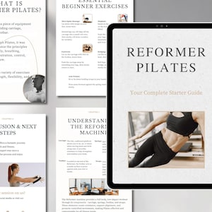 May include: A digital tablet displaying a guide to reformer Pilates, with the title "Reformer Pilates: Your Complete Starter Guide". The guide features a photo of a woman performing a Pilates exercise on a reformer machine.