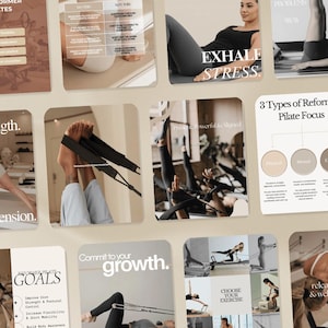 May include: A collage of images promoting reformer pilates classes. The images feature people doing pilates exercises on a reformer machine. The text on the images includes "Commit to your growth", "Exhale Stress", "Reformer Pilates Goals", and "3 Types of Reform Pilates Focus".