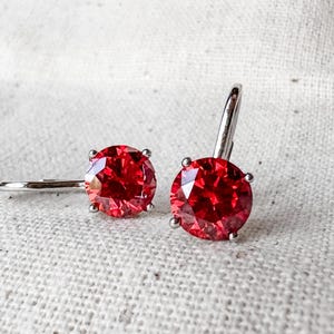 Crimson Red Moissanite Solitaire Drop Earrings, 4ct Moissanite, VVS Gemstone Drop Earrings in Sterling Silver, Valentines Gifts for Her