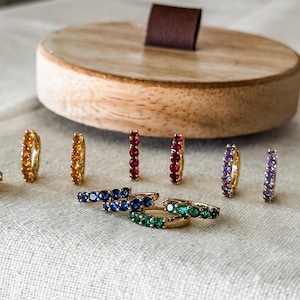 Birthstone Huggie Hoop Earrings, 3mm CZ Hoop Earrings in Amethyst, Emerald, Ruby, Sapphire, Topaz, Choose from Sterling Silver or Gold