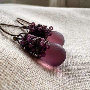 Sugar Plum Sea Glass Earrings, Eggplant Purple Dangle Earrings, Gifts For Her, Hand Wire Wrapped in Brass, Choose Your Color