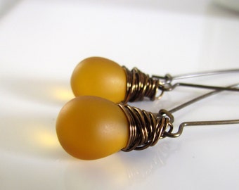 Honey Topaz Glass Drop Earrings, Antiqued Brass Wire Wrapped, Dainty Fall Earrings