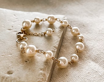 Ivory Pearl Bracelet, Gold Filled, Wire Wrapped Pearl Chain Bracelet, Bridesmaid Bracelet, Vintage Style Jewelry