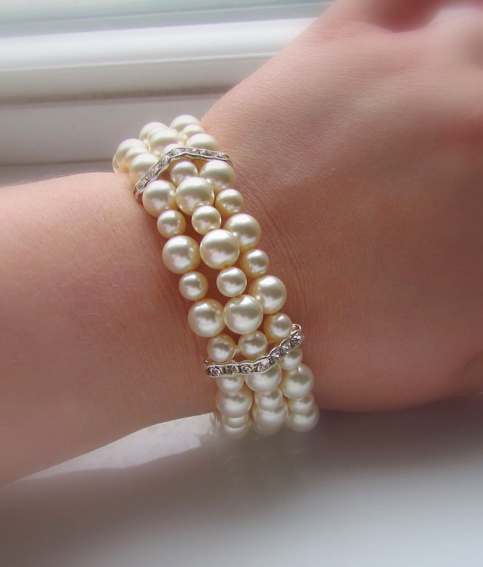Ivory Pearl Bracelet Multi Strand Pearl Bracelet Three Etsy
