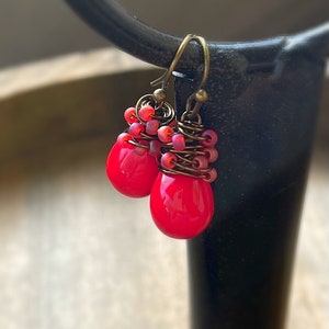 Little Red Drop Earrings, Poppy Red Glass Dangle Earrings, Hand Wrapped in Antiqued Brass, Gifts for Mom Under 30 image 4