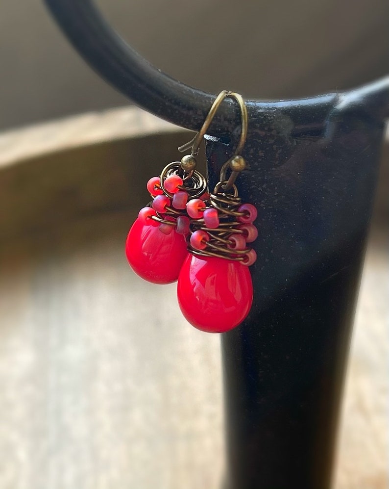 Little Red Drop Earrings, Poppy Red Glass Dangle Earrings, Hand Wrapped in Antiqued Brass, Gifts for Mom Under 30 image 4