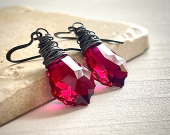 Hot Pink Crystal Earrings, Ruby Pink Black Tie Affair Baroque Crystal Earrings, Sterling Silver Wire Wrapped Gifts for Her Under 50