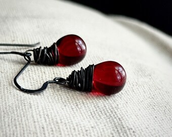 January Birthstone Garnet Red Earrings, Czech Glass in Pomegranate, Dark Red Teardrop Earrings, Sterling Silver Handmade Jewelry