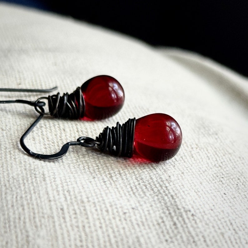 January Birthstone Garnet Red Earrings, Czech Glass in Pomegranate, Dark Red Teardrop Earrings, Sterling Silver Handmade Jewelry image 2