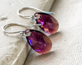 Amethyst Shimmer Crystal Drop Earrings, Sparkly Sterling Silver Swarovski Dangle Earrings in Amethyst, Gifts For Her Under 30