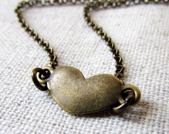 Tiny Brass Heart Necklace, Antiqued Brass Chain Pendant, Little Heart Jewelry Gifts for Her Under 40 Dollars