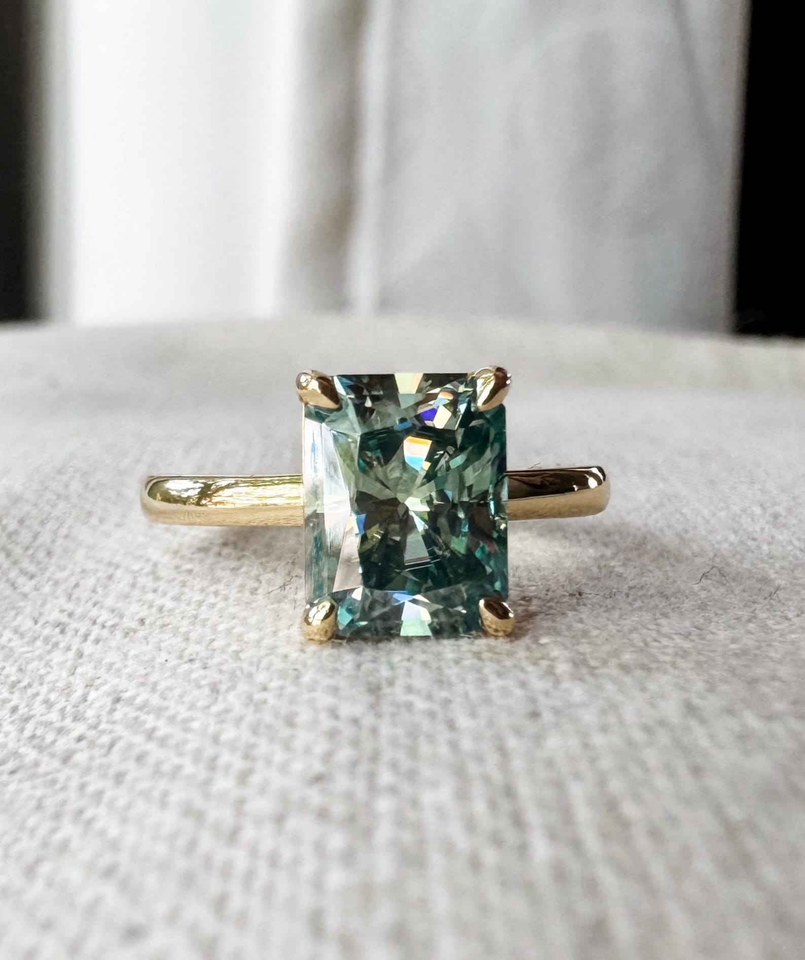 Green Moissanite Ring, Radiant Cut Solitaire VVS1 3.0ct Teal Moissanite, Diamond Alternative Engagement Ring, Right Hand Ring - Kalon