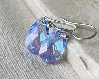 Sapphire Blue Crystal Drop Earrings, Elegant Swarovski Pear Crystal, Sterling Silver, Gift For Her Under 30, Classic Sparkle Dangle Earrings