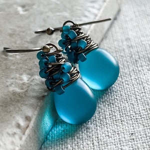 Frosted Teal Blue Sea Glass Earrings, Summer Color Pop Earrings, Mermaid Earrings, Gifts For Her Under 40, Tiny Dangle Earrings