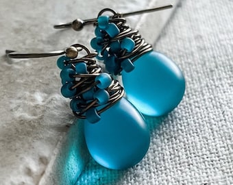 Frosted Teal Blue Sea Glass Earrings, Summer Color Pop Earrings, Vibe Mermaid Earrings, Gifts For Her Under 50, Tiny Dangle Earrings